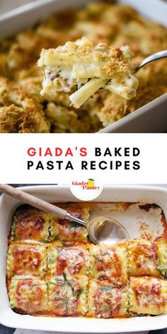 there is a casserole dish with cheese and spinach in it, and the title reads glad's baked pasta recipes