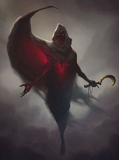 a painting of a demon holding a staff in his hands with red light coming from it's eyes