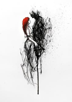 a drawing of a woman with red hair holding a stick in her hand and sprinkled with black ink