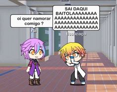 two anime characters talking to each other in an empty hallway with text bubbles above them