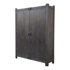 an old wooden cabinet with two doors on the front and one door open to reveal something