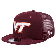 the virginia tech trucker hat is maroon and white with an orange logo on it