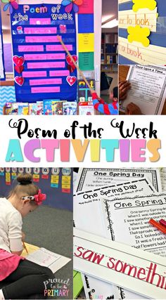 several different pictures with the words poem of the week activities on them and an image of a