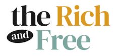 the rich and free logo is shown in black, orange, yellow and green colors