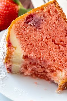 a slice of strawberry cake on a plate