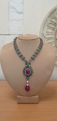 Syn Emerald & Lab Ruby Cocktail Statement Necklace 925 SS Red Carpet Luxe Jewel | eBay Ruby Jewelry Necklaces Unique, Ruby Beads Jewellery Indian, Small Diamond Necklace, Emerald Diamond Necklace, Ruby Necklace Designs, Ruby Jewelry Necklaces, Emerald Jewellery, Custom Necklaces, Pearl Necklace Gold