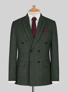 Looking for a suit that will make you feel sharp, polished and sophisticated, then you should go for our Italian Murano Bottle Green Wool Linen Double Breasted Suit. Crafted from a premium blend of wool, linen and silk, the texture on the green hue makes the suit especially versatile as well as will raise your interest level.   Look Includes  Italian Murano Bottle Green Wool Linen Fabric  Double Breasted Jacket Style  Peak Lapel  Horn Royal Black Buttons  Single Vent  Three Cuff Buttons  Two welted back pockets on trousers   You can change the look during customization if required.  Lining: Viscose; Dry Clean. Elegant Tweed Suit With Lapel Collar, Elegant Green Linen Suits, Formal Tweed Blazer With Suit Collar, Formal Tweed Suit With Suit Collar, Bespoke Tailored Tweed Jacket For Formal Events, Bespoke Tailored Tweed Jacket For Formal Occasions, Formal Tweed Three-piece Suit With Notch Lapel, Fitted Tweed Jacket With Double-breasted Button For Office, Business Fitted Tweed Blazer