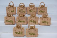 nine woven bags with the word sale written on them