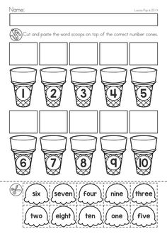 worksheet for numbers 1 - 10 with cups and ice cream cones on it