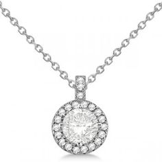 Diamond Halo Pendant Necklace Round Solitaire 14k White Gold (1.00ct) - allurez.com Pink Sapphire Pendant, White Gold Pendant Necklace, Sapphire Necklace Pendants, White Gold Necklace, Diamond Pendants, Opal Pendant Necklace, Round Solitaire, Round Pendant Necklace, Halo Pendant