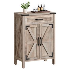 a wooden cabinet with two doors and a sink