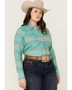 Ariat Women's R.E.A.L Jadeite Jacquard Southwestern Print Long Sleeve Snap Western Shirt - Plus Long Sleeve Button Up Shirt Outfit, Button Up Shirt Outfit Women, Button Up Shirt Outfit, Dan Post Boots Woman, Justin Boots Womens, Western Suits, Womens Work Boots, Southwestern Print, Long Sleeve Button Up Shirt