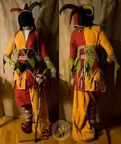 two images of an old man dressed in colorful clothing and holding a cane, standing on a wooden floor