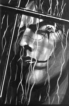 a black and white drawing of a woman's face through a window with long hair