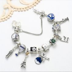 Vacation Charm Bracelet. Clasp Type Pandora Style. Length 21cm Pandora Travel Bracelet Ideas, Pandora Travel Bracelet, Pandora Travel, Travel Charm Bracelet, Nomination Bracelet, Travel Bracelet, Traveling Aesthetic, Travel Charms, Pandora Bracelet Charms