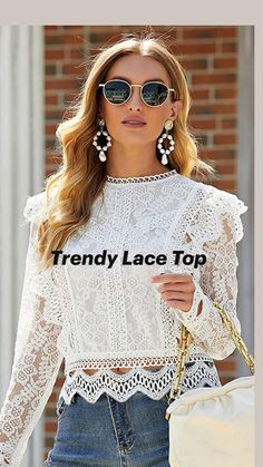 Outfit Formal Mujer, Top In Pizzo, Women Lace Blouse, White Lace Blouse, Lace Top Long Sleeve, Mode Online, Lace Shirt, Streetwear Women, Women Lace