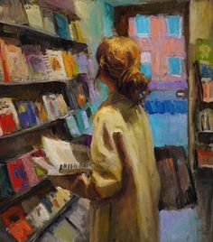 a painting of a woman in a library reading a book and looking at the shelves