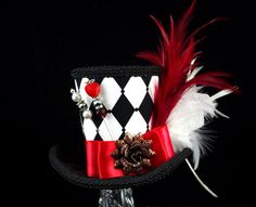 Queen of Hearts – Black, White, and Red Harlequin Empress Collection Mini Top Hat , Alice in Wonderland, Mad HatterTea Party Harlequin Fabrics, Alice In Wonderland Mad Hatter, Wonderland Mad Hatter, Fuchsia Flowers, Riding Hats