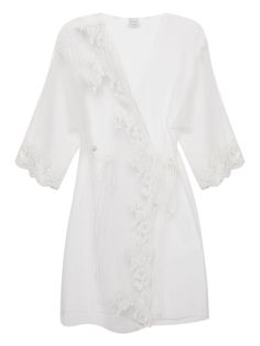 white silk sheer tulle netting floral lace appliqué plunging V-neck tie-fastening straps wide sleeves lace cuffs straight hem three-quarter length Elegant Lace Robe With Lace Cuffs, Fitted Lace Robe With Lace Trim, White Lace Trim Kimono For Wedding, White Lace Trim Wedding Kimono, Wedding Lace Kimono With Lace Trim, White Wedding Kimono With Lace Trim, Wedding White Kimono With Lace Trim, Fitted Sheer Lace Robe, Fitted Lace Robe With Sheer Details