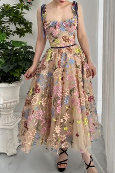 Multicolor A-line Dress With Floral Embroidery, Spaghetti Strap Dress With Floral Applique For Party, Floral Applique Spaghetti Strap Party Dress, Embroidered A-line Midi Dress For Party, Embroidered Dress For Spring Gala, Spring Embroidered Dress For Gala, Embroidered Spring Dresses For Gala, Embroidered Spring Gala Dress, Elegant Multicolor Dress With Floral Applique