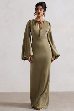 Wild Rose Olive Satin Puff-Sleeve Cut-Out Maxi Dress – Club L London - USA Sleek Hairstyle, Autumn Soft, Wife Aesthetic, Maxi Dresses Uk, Natural Essence, Club L London, Soft Dramatic, Voluminous Sleeves, Soft Autumn