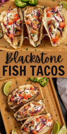 black stone fish tacos on a cutting board with limes and jalapenos