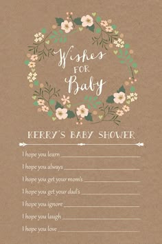 a baby shower card with flowers and leaves in the center, on top of a brown background