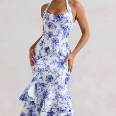 Elegant Floral Dress, Perfect For The Summer, Outdoor Events. Brand New Never Worn Blue And White China Print Dress, Blue Halter Neck Midi Dress For Brunch, Blue Fitted Maxi Dress For Garden Party, Blue Halter Neck Dress For Garden Party, Blue Halter Neck Dress With Floral Print, Blue Floral Print Halter Neck Dress, Light Blue Halter Neck Dress For Brunch, Light Blue Fitted Halter Neck Midi Dress, Fitted Blue Midi Dress For Garden Party