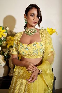 Lime attached cancan lehenga with all over trellis, floral hand embroidery using beads, crystals. Paired with a padded blouse with all over floral hand embroidery using beads, sequins. Comes along with a dupatta with hand embroidery work and floral applique. - Aza Fashions Unstitched Blouse Wedding Sets For Diwali, Wedding Sets With Unstitched Blouse For Diwali, Festive Reception Sets With Tilla Details, Eid Reception Tilla Choli, Eid Fitted Anarkali Set With Tilla Details, Fitted Anarkali Set With Tilla For Eid, Fitted Tilla Anarkali Set For Eid, Navratri Reception Dress With Tilla Detailing, Tilla Dress For Navratri Reception