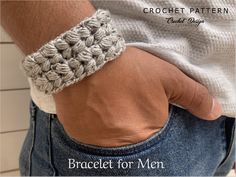 a close up of a person wearing a crochet bracelet on their wrist with the text, braclet for men