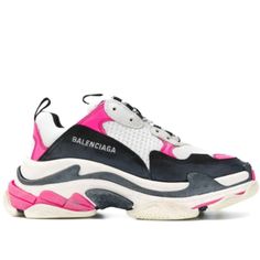 Balenciaga Triple S Sneakers Size 8 In Vguc Balenciaga Triple S Leather And Polyester Sneakers In White, Pink, Black And Blue.Triple Thickness Sole.Two-Tone White And Black Laces.White Embroidered Stitching On The Front.White Logo Embroidered On The Outside.Logo Tongue.Round Toe. Overall Very Good Condition, But Had Some Stains - See Close Ups. Price Reflects Comes With Original Box(Damaged) And Dust Bag Box 471 Balenciaga Triple S Sneakers, Balenciaga Triple S, Black Laces, Logo Embroidered, Womens Shoes Sneakers, Pink Black, Balenciaga, White And Black, Dust Bag