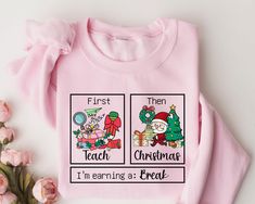 I'm Earning A Break Sweatshirt, First Teach The Christmas, Special Education Sweatshirt, Teacher Life, Christmas Teacher Gift, Holiday Gift  ORDER INSTRUCTIONS  ➤ Check and review all listing photos. ➤ Pick up your item's size and color from drop down menus. ➤ Choose the quantity. ➤ Click "Add to Cart" button. ➤ Fill in the personalization box as recommended if provided.  ➤ You can go back to add more item or you can complete the checkout process. ➤ Click "Proceed to Check Out".  WHICH SIZE FITS Teacher Christmas Gifts, Teacher Christmas, Find Picture, Teacher Life, Christmas Special, Body Size, Teacher Gift, Special Education, Teacher Gifts