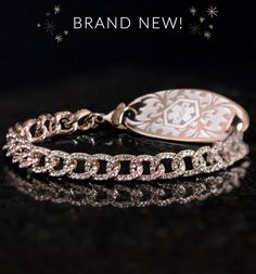 Our limited edition Reverie Crystal and Rose Gold medical ID bracelet is a gorgeous, trendy design you will love wearing. A 14-karat rose gold dipped, cubic zirconia-encrusted curb chain, Reverie offers a touch of sparkle and class to any outfit. #LaurensHopeMedIDs #MedicalIDs #MedIDs Rose Gold Cubic Zirconia Bracelet With Tarnish Resistance, Dazzling Rose Gold Cubic Zirconia Bracelet, Elegant Rose Gold Curb Chain Bracelet, Glamorous Rose Gold Cubic Zirconia Jewelry, Dazzling Rose Gold Jewelry With Diamond Accents, Cubic Zirconia Curb Chain Bracelet Gift, Rose Gold Rhinestone Jewelry Gift, Rose Gold Bracelets With Diamond Accents As Gift, Luxury Hypoallergenic Rose Gold Jewelry