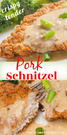 two pictures of pork schnitzel with gravy and broccoli