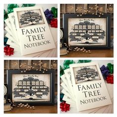 four pictures of family tree notebooks with ribbons and bows on the table next to them