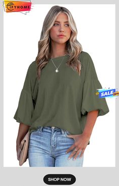 Green Joint Bubble Sleeve Round Neck Blouse Solid Color Crew Neck Blouse For Fall, Crew Neck Solid Color Blouse For Fall, Casual Green Blouse With Blouson Sleeves, Solid Color Summer Tops With Blouson Sleeves, Casual Solid Tops With Blouson Sleeves, Casual Green Tops With Blouson Sleeves, Casual Solid Color Blouse With Lantern Sleeves, Casual Solid Blouse With Blouson Sleeves, Casual Solid-color Blouse With Lantern Sleeves