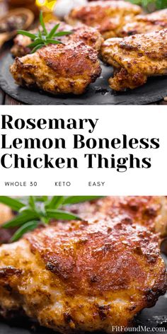 rosemary lemon boneless chicken thighs on a black plate