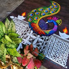 a colorful peacock is on the ground next to potted plants