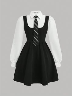 Tween Girl 2 In 1 Black Long Sleeve Collared Dress With Tie, Preppy Uniform Back To School Black Elegant  Long Sleeve Woven Fabric  A Line Non-Stretch  Tween Girls Clothing, size features are:Bust: ,Length: ,Sleeve Length: School Dresses Uniform, Cute Black Outfits For School, School Uniform Fashion Aesthetic, Unique School Uniforms, Dark Coquette Aestethic Fits, French School Uniform, Punk School Uniform, Cute Dresses For School, School Uniforms Cute