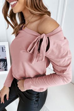 Pink Asymmetric Ribbon Tie Long Sleeve Top Tops Manga Larga, Neck Ribbon, Swimwear High Waisted, Bodycon Floral Dress, Corsets And Bustiers, Leggings For Women, Sweater Dress Midi, Denim Coat Jacket, Casual Clothes