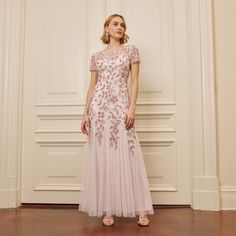 Hand Beaded Short Sleeve Floral Godet Gown In Blush Pink | Adrianna Papell Romantic Gown, Mermaid Skirt, Mom Dress, Adrianna Papell, Mother Of The Bride Dresses, Hand Beading, Mother Of The Bride, Blush Pink, Floral Pattern