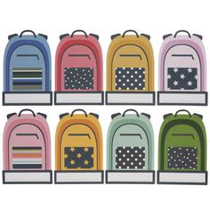 a set of six backpacks with stars and stripes on the front, one in different colors