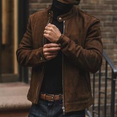 Men's Tobacco Leather Racer Jacket - Thursday Boot Company Brown Suede Leather Jacket, Mens Leather Accessories, Thursday Boots, Suede Biker, Collar Leather Jacket, Suede Leather Jacket, Racer Jacket, Leather Jacket Outfits, Brown Leather Jacket