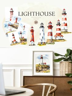 the lighthouse wall decals are on display next to a table with a laptop and potted plant