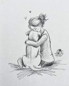 a pencil drawing of a girl hugging her dog on the ground with a ladybug in the background