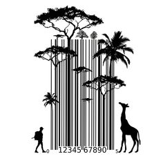 a zebra and giraffe standing in front of a barcode code with palm trees