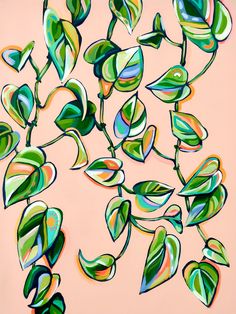 a painting of green leaves on a pink background