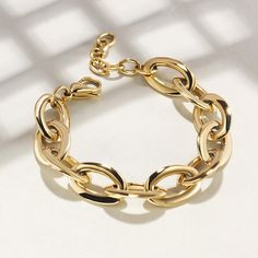 Sku: NSB1664STGCS Details: This bracelet with special oval links design, the duplex plating, it has excellent touch feeling and shining surface, is more fashionable. Stainless Steel 316L features: With its resistance to rust and oxidation, this corrosion-resistant alloy is ideal for long-lasting jewelry designs. This metal is the best suggestion for those living in high-humidity locations, as the metal will keep from rusting much longer than other metals. Length: 7.9"+1.6" Package: *1×link brace Aquarius Sun, Gold Link Bracelet, Gold Link, Jewelry Designs, Link Bracelets, Rose Gold Plates, Rhodium Plated, Gold Jewelry, Gold Bracelet