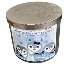 frosted coconut snowball tin candle holder with three owls on the front and sides