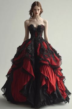 Red Ballroom Gown, Black And Red Quinceanera Dresses, Vamp Wedding, Goth Weddings, Red Gothic Dress, Fancy Ball Gowns, Gothic Ball Gown, Red And Black Gown, Drag Outfits